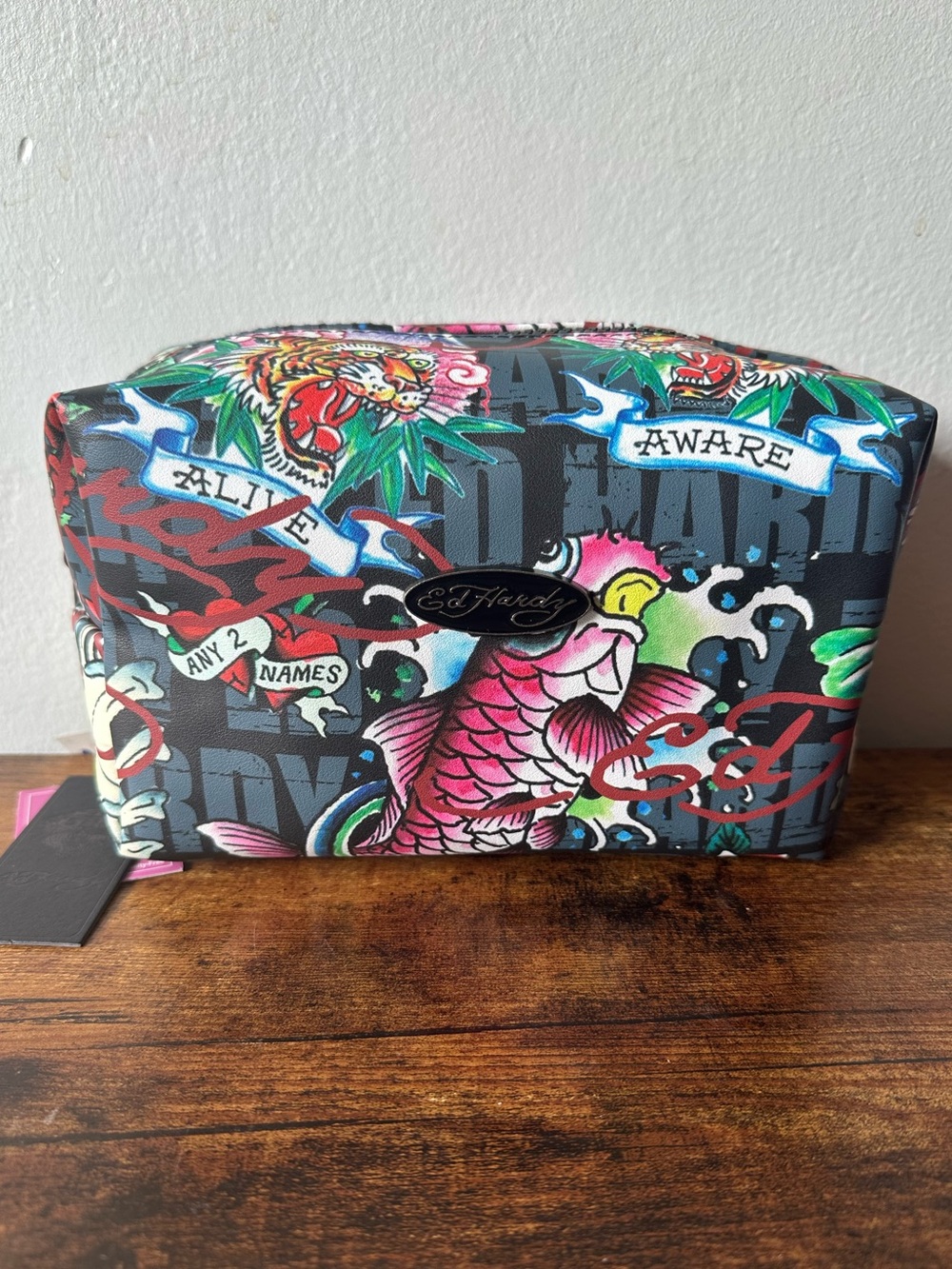 Ed Hardy Black Gray Tattoo Print Cosmetic Toiletry Bag w/ Pink Koi NWT